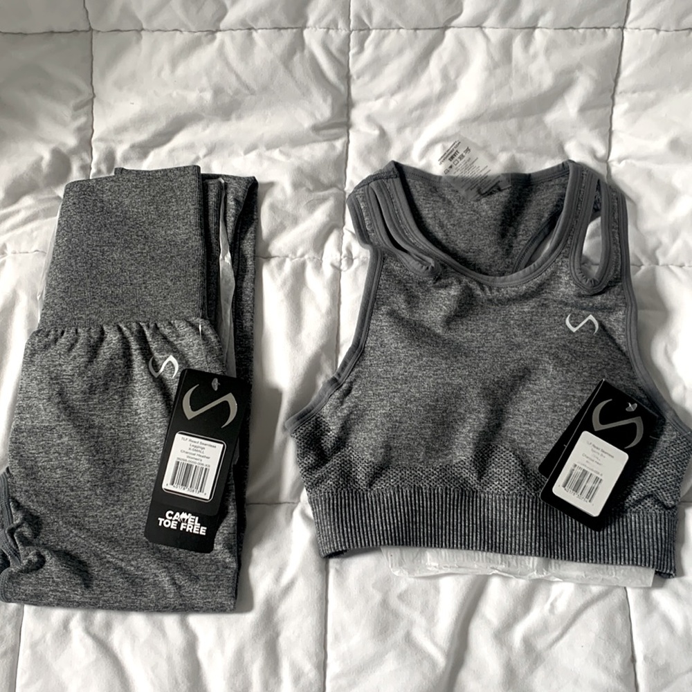 TLF apparel react seamless leggings and sports bra in charcoal heather gray